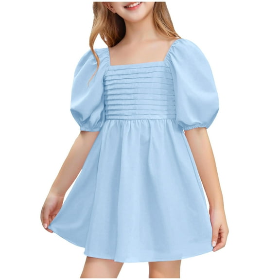 Fesfesfes Girls'Summer Solid Color Short Sleeve Crew Neck Elastic Waistband Dress with Pockets Casual Comfortable Cotton Blend Dress for Kids(Blue,11 Years)