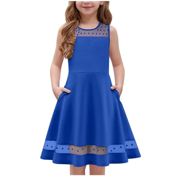 Fesfesfes Girls'Summer Solid Color Short Sleeve Crew Neck Elastic Waistband Dress with Pockets Casual Comfortable Cotton Blend Dress for Kids(Blue,11 Years)