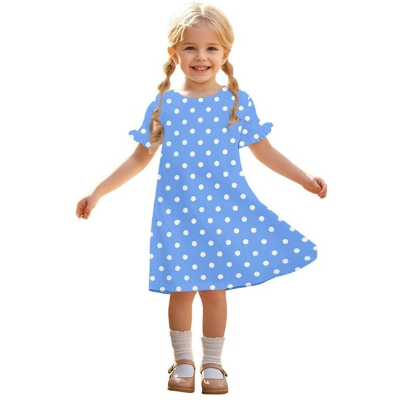 Fesfesfes Girls'Summer Solid Color Short Sleeve Crew Neck Elastic Waistband Dress with Pockets Casual Comfortable Cotton Blend Dress for Kids(Blue,4 Years)