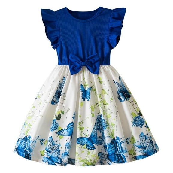 Fesfesfes Girls'Summer Solid Color Short Sleeve Crew Neck Elastic Waistband Dress with Pockets Casual Comfortable Cotton Blend Dress for Kids(Blue,4 Years)