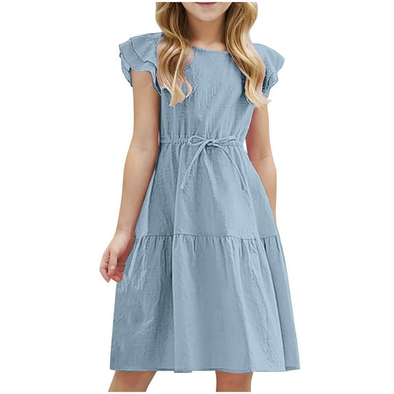 Fesfesfes Girls'Summer Solid Color Short Sleeve Crew Neck Elastic Waistband Dress with Pockets Casual Comfortable Cotton Blend Dress for Kids(Blue,4 Years)