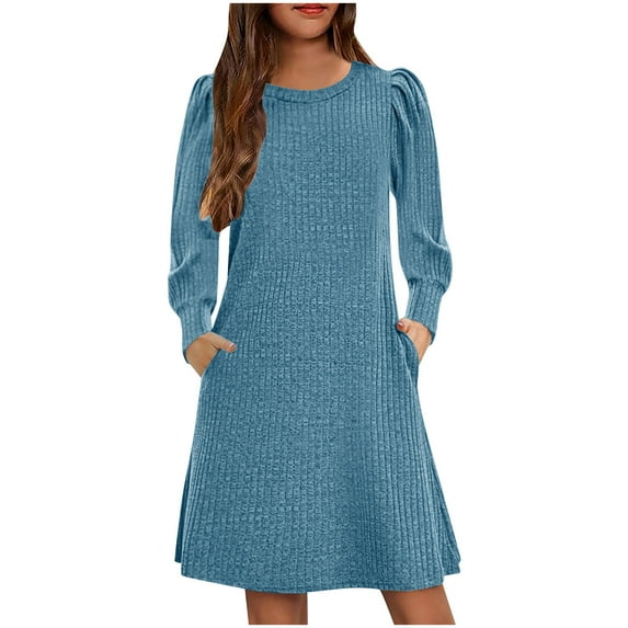 Fesfesfes Girls'Summer Solid Color Short Sleeve Crew Neck Elastic Waistband Dress with Pockets Casual Comfortable Cotton Blend Dress for Kids(Blue,4 Years)
