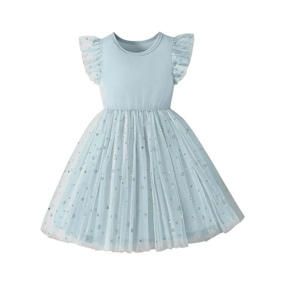 Fesfesfes Girls'Summer Solid Color Short Sleeve Crew Neck Elastic Waistband Dress with Pockets Casual Comfortable Cotton Blend Dress for Kids(Blue,5 Years)