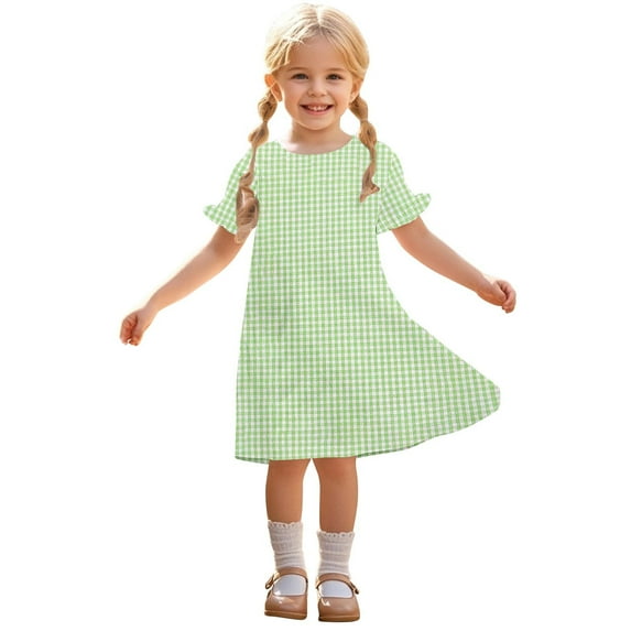 Fesfesfes Girls'Summer Solid Color Short Sleeve Crew Neck Elastic Waistband Dress with Pockets Casual Comfortable Cotton Blend Dress for Kids(Green#2,4 Years)