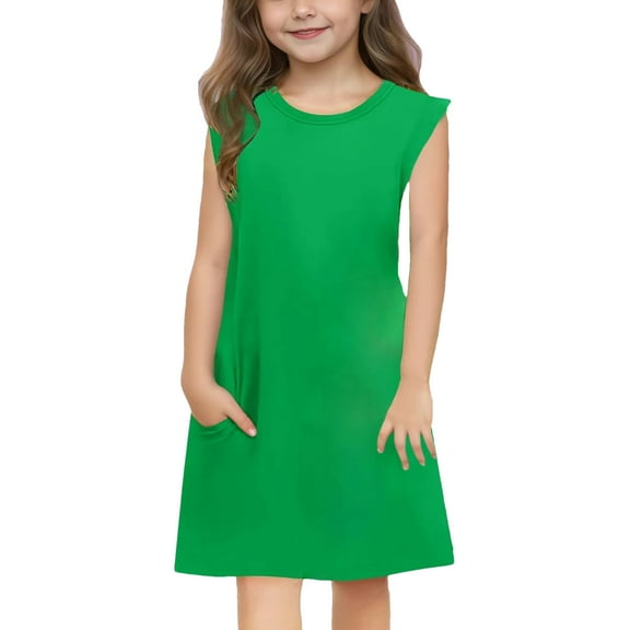 Fesfesfes Girls'Summer Solid Color Short Sleeve Crew Neck Elastic Waistband Dress with Pockets Casual Comfortable Cotton Blend Dress for Kids(Green,4 Years)