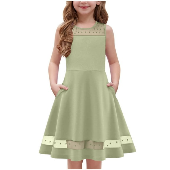 Fesfesfes Girls'Summer Solid Color Short Sleeve Crew Neck Elastic Waistband Dress with Pockets Casual Comfortable Cotton Blend Dress for Kids(Green,5 Years)