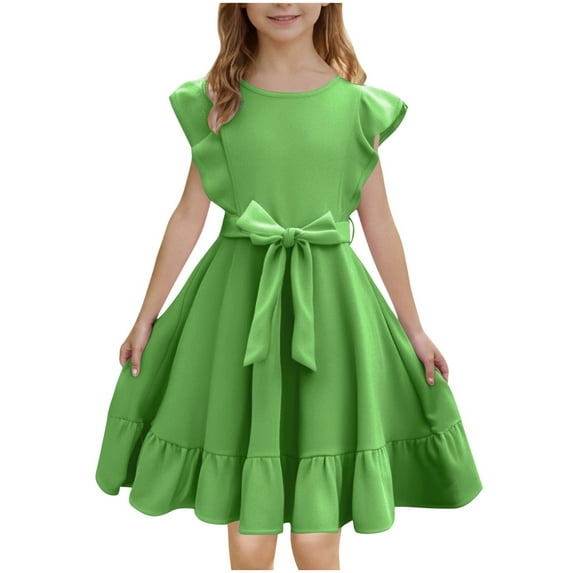 Fesfesfes Girls'Summer Solid Color Short Sleeve Crew Neck Elastic Waistband Dress with Pockets Casual Comfortable Cotton Blend Dress for Kids(Green,7 Years)