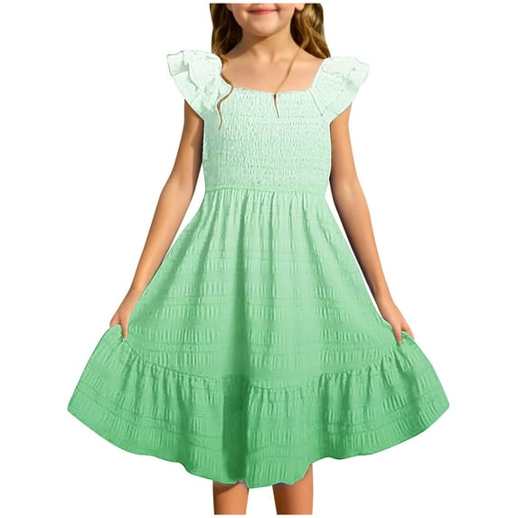 Fesfesfes Girls'Summer Solid Color Short Sleeve Crew Neck Elastic Waistband Dress with Pockets Casual Comfortable Cotton Blend Dress for Kids(Green,9-10 Years)