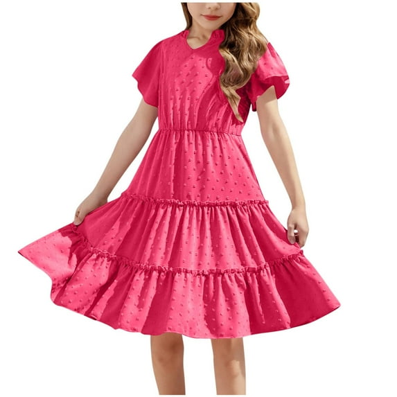 Fesfesfes Girls'Summer Solid Color Short Sleeve Crew Neck Elastic Waistband Dress with Pockets Casual Comfortable Cotton Blend Dress for Kids(Hot Pink,12-13 Years)