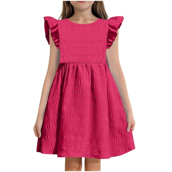 Fesfesfes Girls'Summer Solid Color Short Sleeve Crew Neck Elastic Waistband Dress with Pockets Casual Comfortable Cotton Blend Dress for Kids(Hot Pink,12-13 Years)