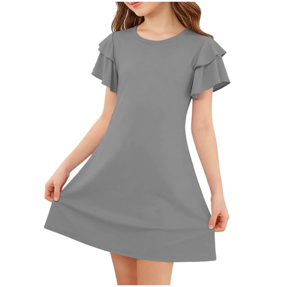 Fesfesfes Girls' Summer Solid Color Short Sleeve Crew Neck Elastic Waist Dress Casual Comfortable Dress for Kids A-line Ruffle Sleeve Casual Dress 5-15 Years