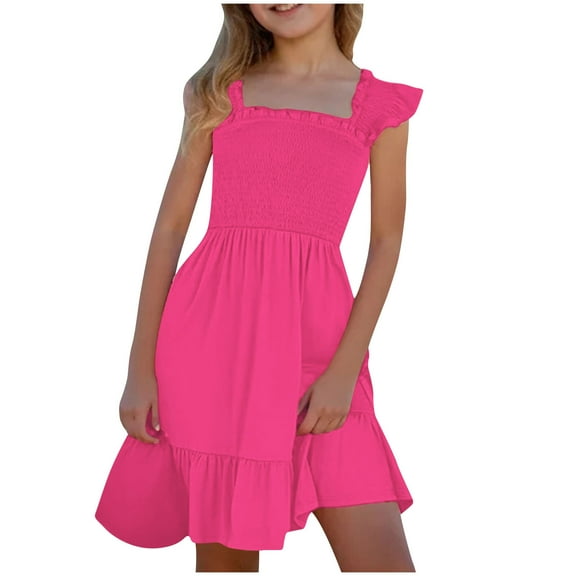 Fesfesfes Girls'Summer Solid Color Short Sleeve Crew Neck Elastic Waistband Dress with Pockets Casual Comfortable Cotton Blend Dress for Kids(Hot Pink#2,11 Years)