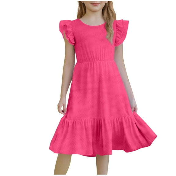 Fesfesfes Girls'Summer Solid Color Short Sleeve Crew Neck Elastic Waistband Dress with Pockets Casual Comfortable Cotton Blend Dress for Kids(Hot Pink#2,12 Years)
