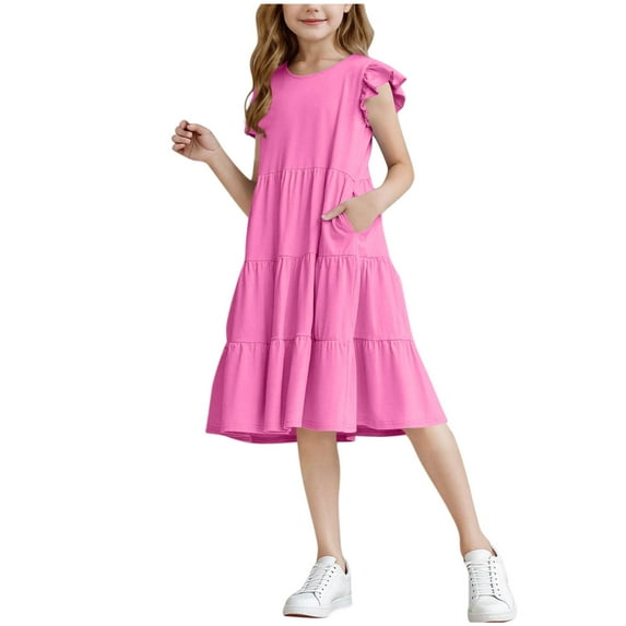 Fesfesfes Girls'Summer Solid Color Short Sleeve Crew Neck Elastic Waistband Dress with Pockets Casual Comfortable Cotton Blend Dress for Kids(Hot Pink,4 Years)