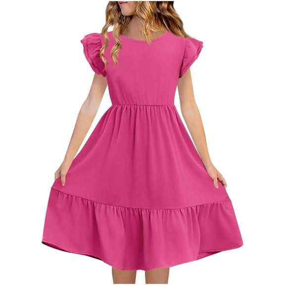 Fesfesfes Girls'Summer Solid Color Short Sleeve Crew Neck Elastic Waistband Dress with Pockets Casual Comfortable Cotton Blend Dress for Kids(Hot Pink,5 Years)