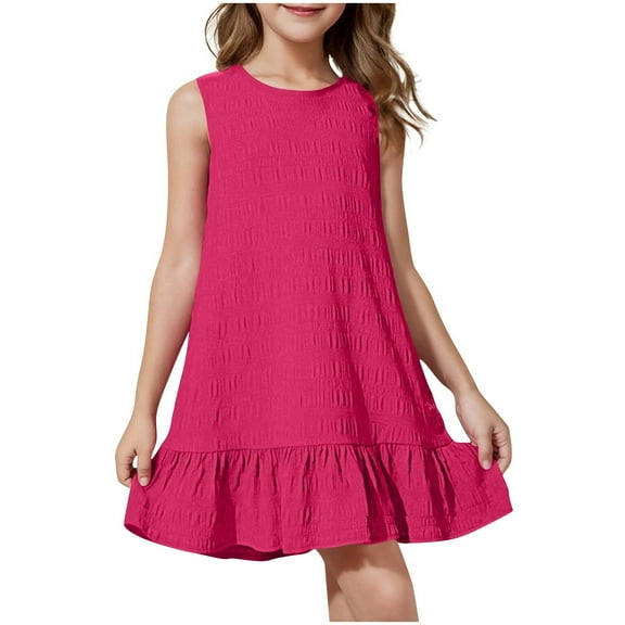 Fesfesfes Girls'Summer Solid Color Short Sleeve Crew Neck Elastic Waistband Dress with Pockets Casual Comfortable Cotton Blend Dress for Kids(Hot Pink,7 Years)