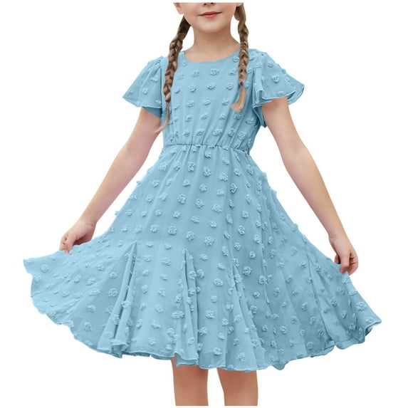 Fesfesfes Girls'Summer Solid Color Short Sleeve Crew Neck Elastic Waistband Dress with Pockets Casual Comfortable Cotton Blend Dress for Kids(Light Blue,11-12 Years)