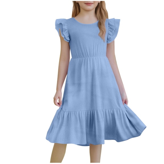 Fesfesfes Girls'Summer Solid Color Short Sleeve Crew Neck Elastic Waistband Dress with Pockets Casual Comfortable Cotton Blend Dress for Kids(Light Blue#2,14 Years)