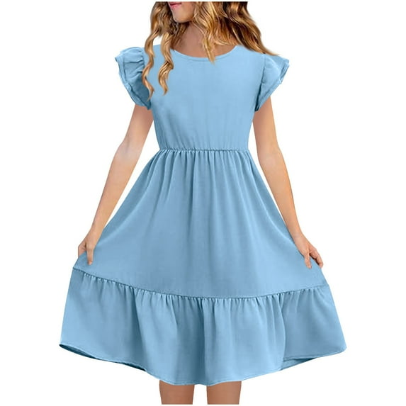 Fesfesfes Girls'Summer Solid Color Short Sleeve Crew Neck Elastic Waistband Dress with Pockets Casual Comfortable Cotton Blend Dress for Kids(Light Blue,9 Years)