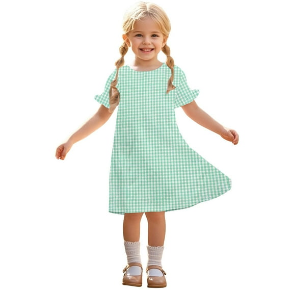 Fesfesfes Girls'Summer Solid Color Short Sleeve Crew Neck Elastic Waistband Dress with Pockets Casual Comfortable Cotton Blend Dress for Kids(Mint Green#2,11 Years)