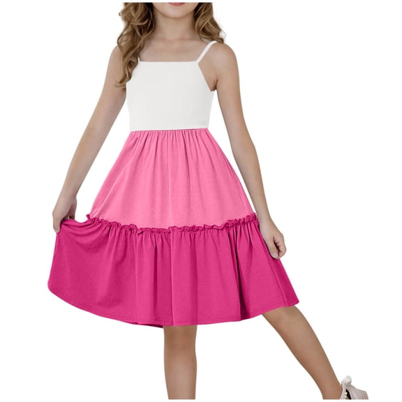 Fesfesfes Girls'Summer Solid Color Short Sleeve Crew Neck Elastic Waistband Dress with Pockets Casual Comfortable Cotton Blend Dress for Kids(Multicolor,4-5 Years)