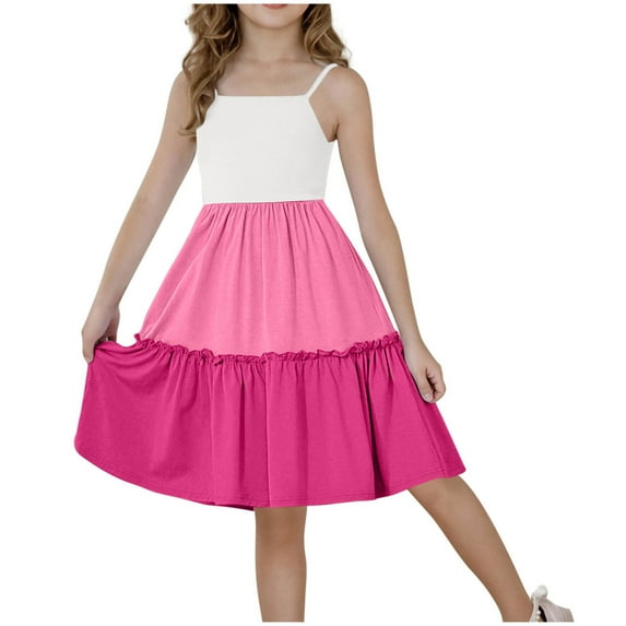 Fesfesfes Girls'Summer Solid Color Short Sleeve Crew Neck Elastic Waistband Dress with Pockets Casual Comfortable Cotton Blend Dress for Kids(Multicolor,8-9 Years)