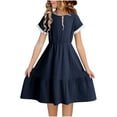 thumbnail image 1 of Fesfesfes Girls'Summer Solid Color Short Sleeve Crew Neck Elastic Waistband Dress with Pockets Casual Comfortable Cotton Blend Dress for Kids(Navy#1,4 Years), 1 of 8