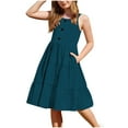 thumbnail image 1 of Fesfesfes Girls'Summer Solid Color Short Sleeve Crew Neck Elastic Waistband Dress with Pockets Casual Comfortable Cotton Blend Dress for Kids(Navy,7 Years), 1 of 9