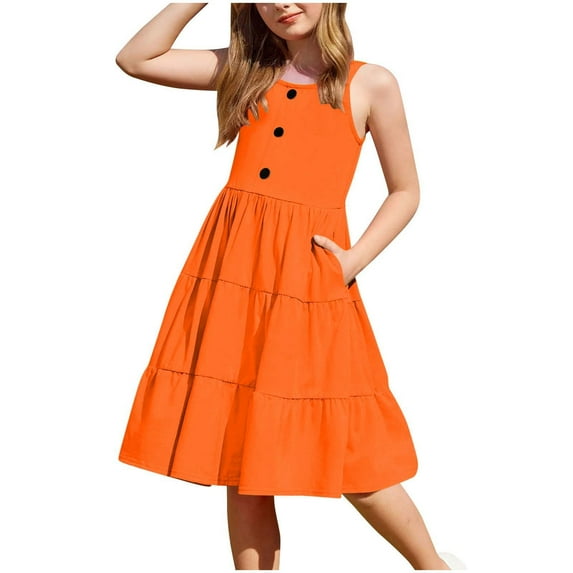 Fesfesfes Girls'Summer Solid Color Short Sleeve Crew Neck Elastic Waistband Dress with Pockets Casual Comfortable Cotton Blend Dress for Kids(Orange,11 Years)