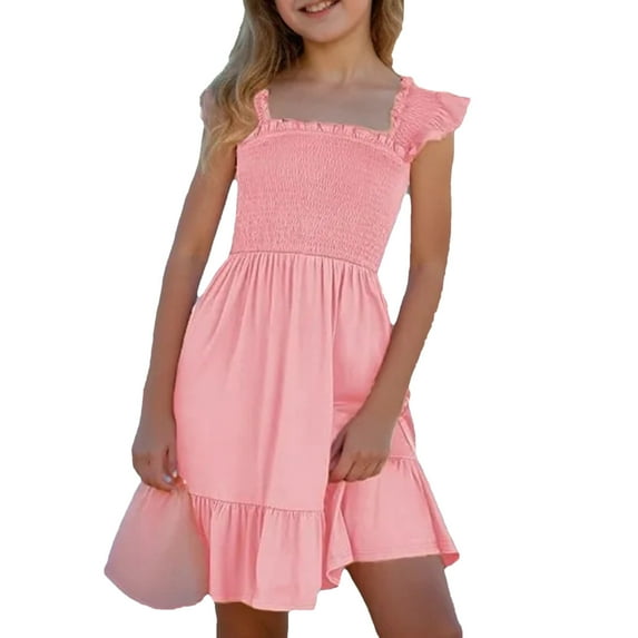 Fesfesfes Girls'Summer Solid Color Short Sleeve Crew Neck Elastic Waistband Dress with Pockets Casual Comfortable Cotton Blend Dress for Kids(Pink#1,9 Years)