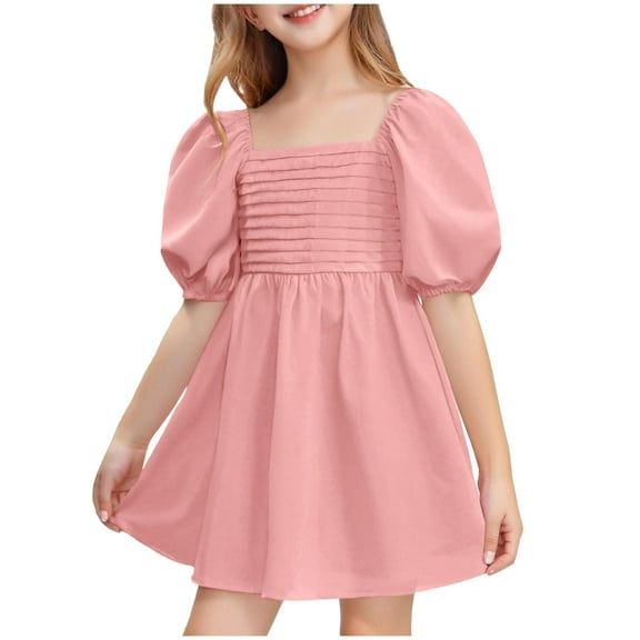 Fesfesfes Girls'Summer Solid Color Short Sleeve Crew Neck Elastic Waistband Dress with Pockets Casual Comfortable Cotton Blend Dress for Kids(Pink,11 Years)