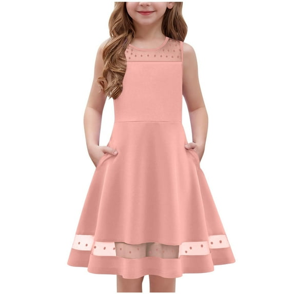 Fesfesfes Girls'Summer Solid Color Short Sleeve Crew Neck Elastic Waistband Dress with Pockets Casual Comfortable Cotton Blend Dress for Kids(Pink,12 Years)