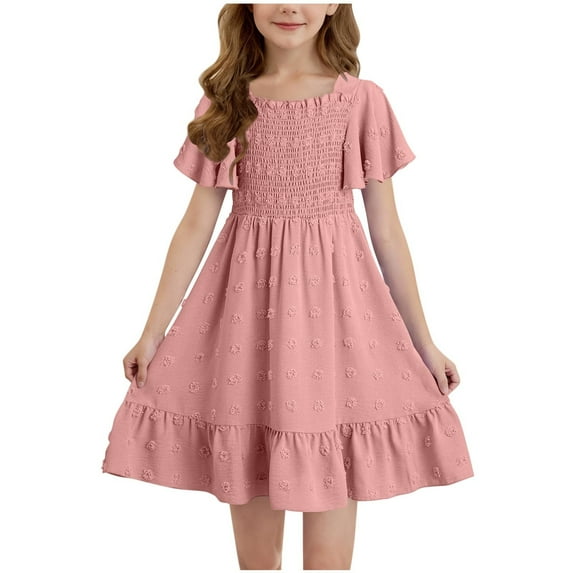 Fesfesfes Girls'Summer Solid Color Short Sleeve Crew Neck Elastic Waistband Dress with Pockets Casual Comfortable Cotton Blend Dress for Kids(Pink,6 Years)