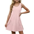 thumbnail image 1 of Fesfesfes Girls'Summer Solid Color Short Sleeve Crew Neck Elastic Waistband Dress with Pockets Casual Comfortable Cotton Blend Dress for Kids(Pink,9 Years), 1 of 9