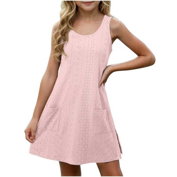 Fesfesfes Girls'Summer Solid Color Short Sleeve Crew Neck Elastic Waistband Dress with Pockets Casual Comfortable Cotton Blend Dress for Kids(Pink,9 Years)