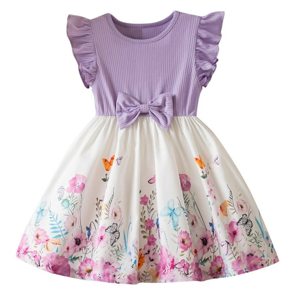 Fesfesfes Girls'Summer Solid Color Short Sleeve Crew Neck Elastic Waistband Dress with Pockets Casual Comfortable Cotton Blend Dress for Kids(Purple#1,2 Years)