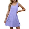 thumbnail image 1 of Fesfesfes Girls'Summer Solid Color Short Sleeve Crew Neck Elastic Waistband Dress with Pockets Casual Comfortable Cotton Blend Dress for Kids(Purple,11 Years), 1 of 9