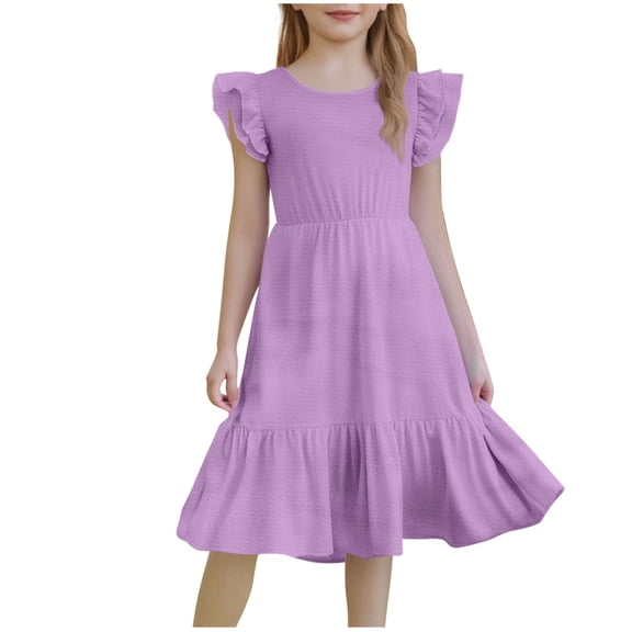 Fesfesfes Girls'Summer Solid Color Short Sleeve Crew Neck Elastic Waistband Dress with Pockets Casual Comfortable Cotton Blend Dress for Kids(Purple#2,14 Years)