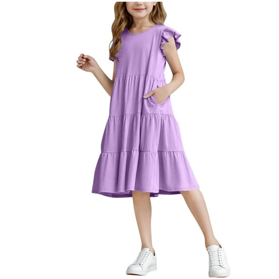 Fesfesfes Girls'Summer Solid Color Short Sleeve Crew Neck Elastic Waistband Dress with Pockets Casual Comfortable Cotton Blend Dress for Kids(Purple,9 Years)