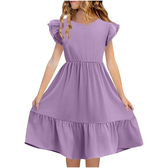 Fesfesfes Girls'Summer Solid Color Short Sleeve Crew Neck Elastic Waistband Dress with Pockets Casual Comfortable Cotton Blend Dress for Kids(Purple,9 Years)