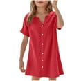 thumbnail image 1 of Fesfesfes Girls'Summer Solid Color Short Sleeve Crew Neck Elastic Waistband Dress with Pockets Casual Comfortable Cotton Blend Dress for Kids(Red,11-12 Years), 1 of 5