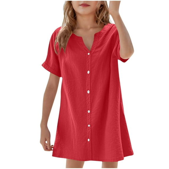 Fesfesfes Girls'Summer Solid Color Short Sleeve Crew Neck Elastic Waistband Dress with Pockets Casual Comfortable Cotton Blend Dress for Kids(Red,11-12 Years)
