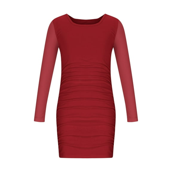 Fesfesfes Girls'Summer Solid Color Short Sleeve Crew Neck Elastic Waistband Dress with Pockets Casual Comfortable Cotton Blend Dress for Kids(Red,14 Years)