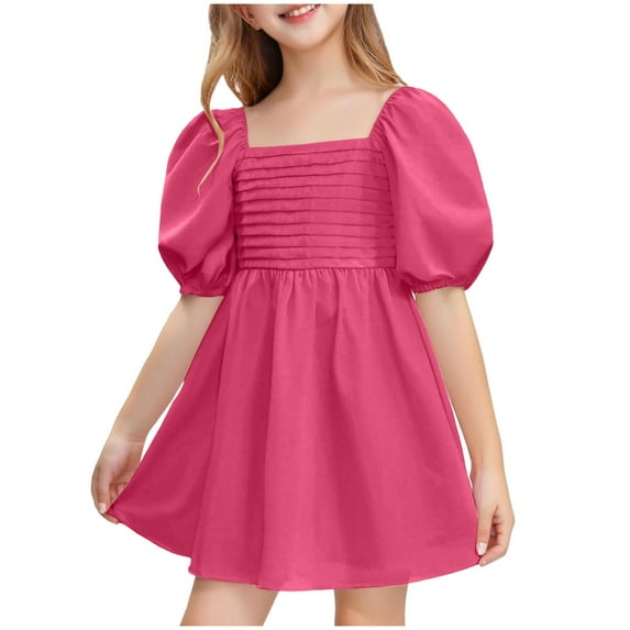 Fesfesfes Girls'Summer Solid Color Short Sleeve Crew Neck Elastic Waistband Dress with Pockets Casual Comfortable Cotton Blend Dress for Kids(Red,3 Years)