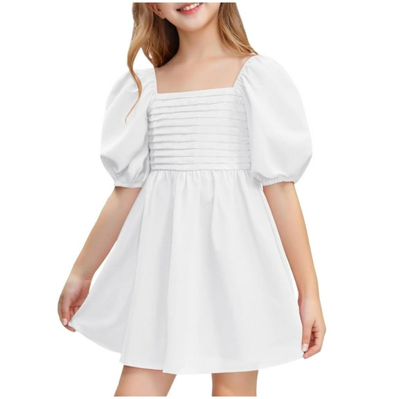 Fesfesfes Girls'Summer Solid Color Short Sleeve Crew Neck Elastic Waistband Dress with Pockets Casual Comfortable Cotton Blend Dress for Kids(White,11 Years)