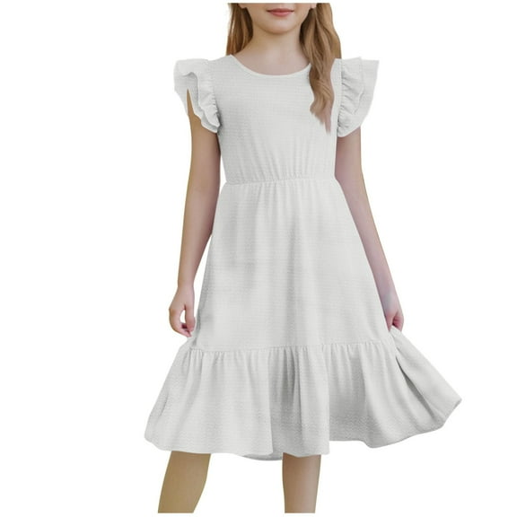 Fesfesfes Girls'Summer Solid Color Short Sleeve Crew Neck Elastic Waistband Dress with Pockets Casual Comfortable Cotton Blend Dress for Kids(White#2,11 Years)