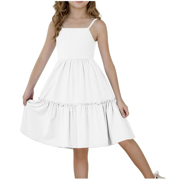 Fesfesfes Girls'Summer Solid Color Short Sleeve Crew Neck Elastic Waistband Dress with Pockets Casual Comfortable Cotton Blend Dress for Kids(White,6-7 Years)