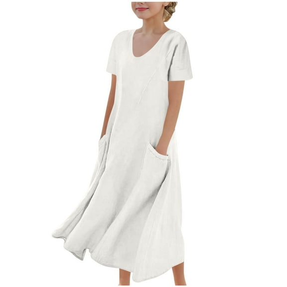 Fesfesfes Girls'Summer Solid Color Short Sleeve Crew Neck Elastic Waistband Dress with Pockets Casual Comfortable Cotton Blend Dress for Kids(White,7 Years)