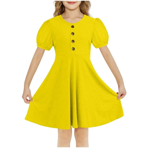 Fesfesfes Girls'Summer Solid Color Short Sleeve Crew Neck Elastic Waistband Dress with Pockets Casual Comfortable Cotton Blend Dress for Kids(Yellow,11 Years)