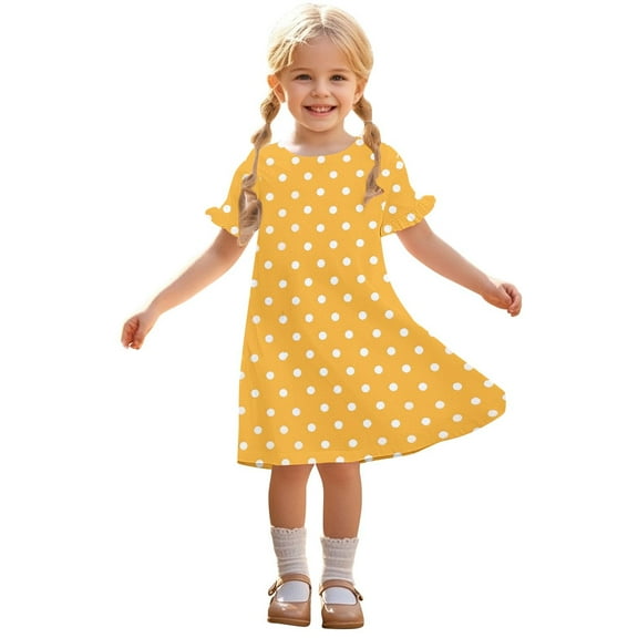 Fesfesfes Girls'Summer Solid Color Short Sleeve Crew Neck Elastic Waistband Dress with Pockets Casual Comfortable Cotton Blend Dress for Kids(Yellow,5 Years)
